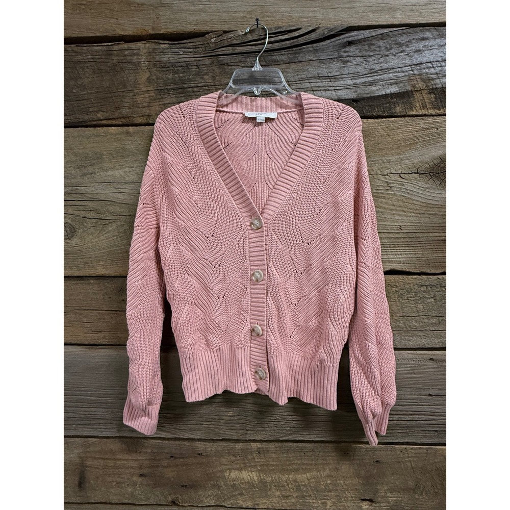 LOFT Pink Cotton Chevron Pointelle Knit V-Neck Button Front Cardigan Sweater M